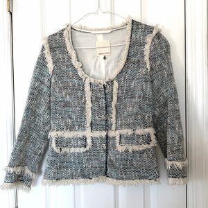 REBECCA TAYLOR•cotton cream/blue tweed fringe jacket 6 EUC